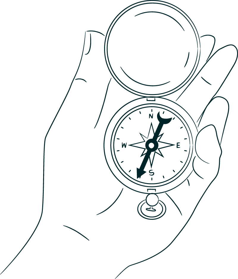 Top-down illustration of an outstretched hand holding a compass.