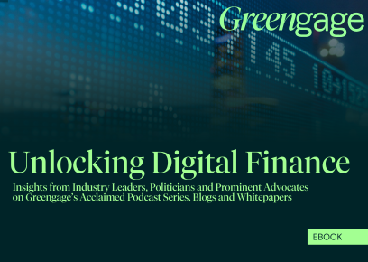 Thumbnail image for the 'Unlocking Digital Finance' E-Book with a blue stock ticker in the background.