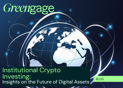 A thumbnail image for the blog 'Institutional Crypto Investing: Insights on the Future of Digital Assets'. The background shows an earth globe with curved lines bouncing around from country to country.