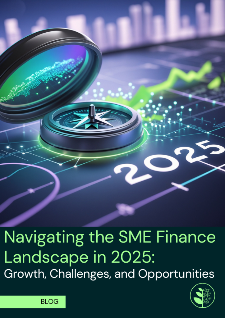 A cover image for the blog 'Navigating the SME Finance Landscape in 2025: Growth, Challenges, and Opportunities'. The background features an open compass on top of a crypto ticker.