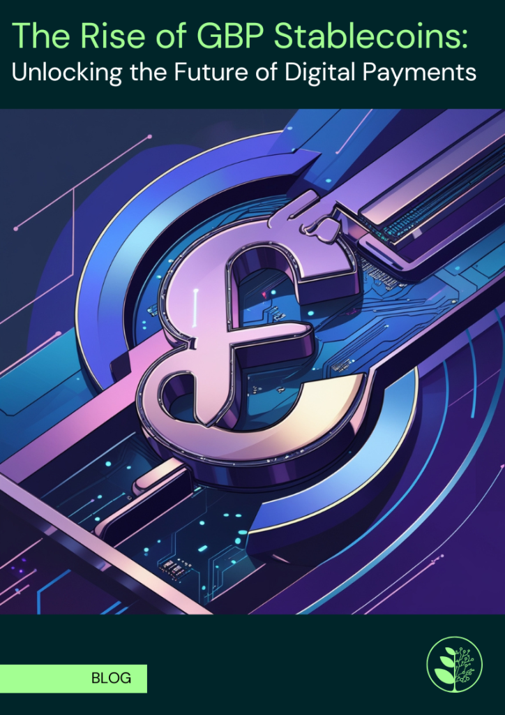 A cover image for the blog 'The Rise of GBP Stablecoins: Unlocking the Future of Digital Payments'. The background features a pound symbol slotted into a digital board with nodes and connectors.