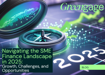 A thumbnail image for the blog 'Navigating the SME Finance Landscape in 2025: Growth, Challenges, and Opportunities'. The background features an open compass on top of a crypto ticker.