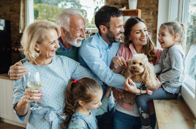a family and dog