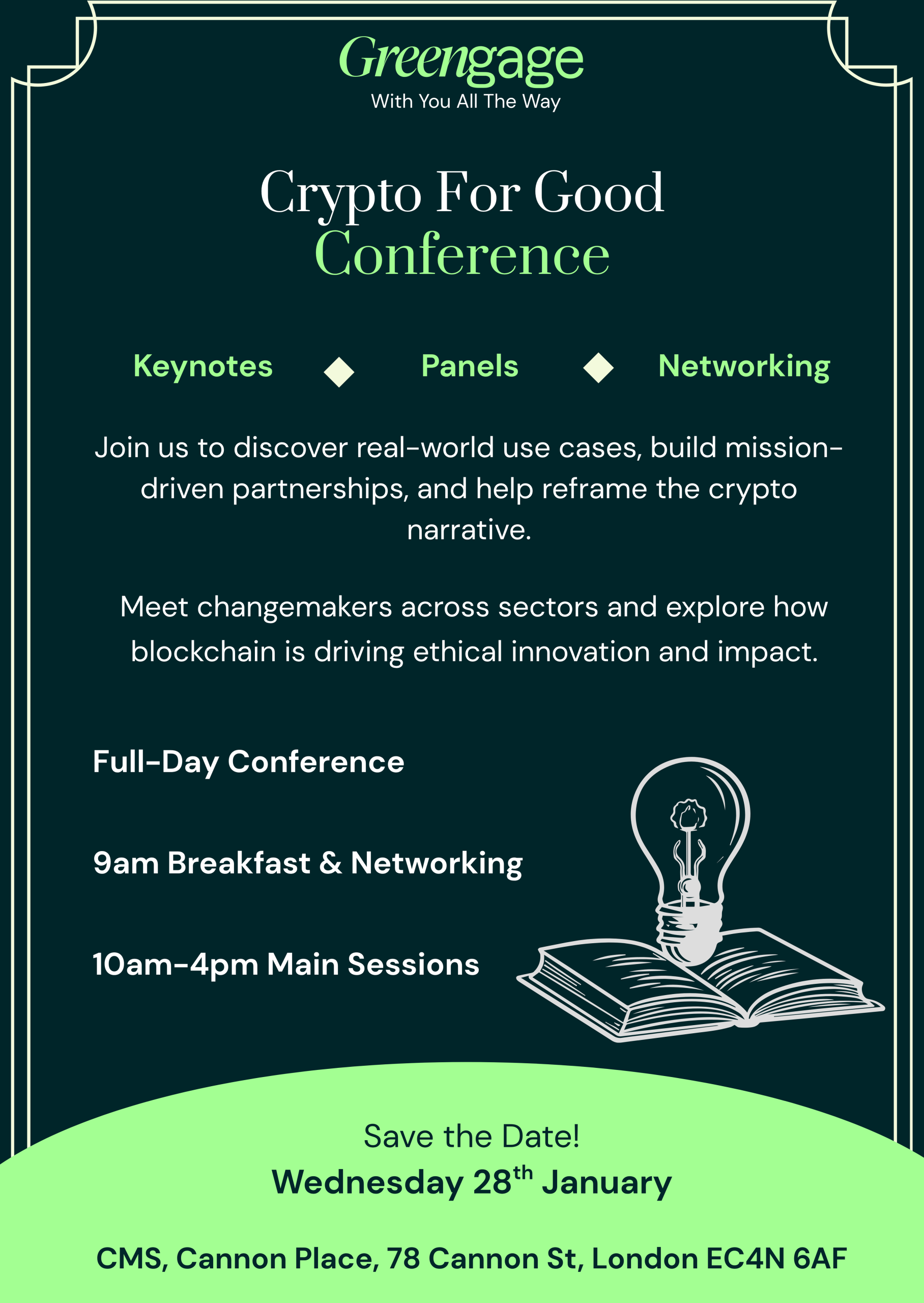An informative poster providing various details about our Crypto for Good Conference event.